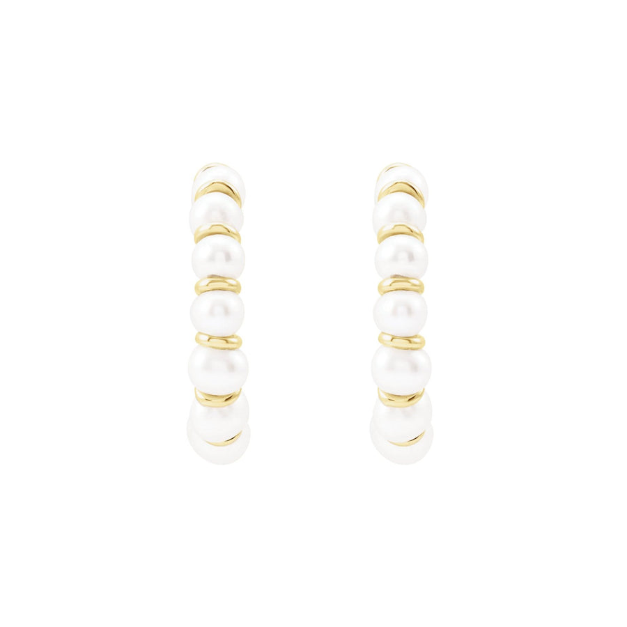 White Freshwater Pearl Hoop Earrings Small; Yellow Gold