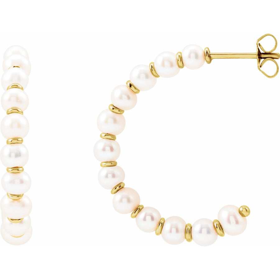 White Freshwater Pearl Hoop Earrings Yellow Gold